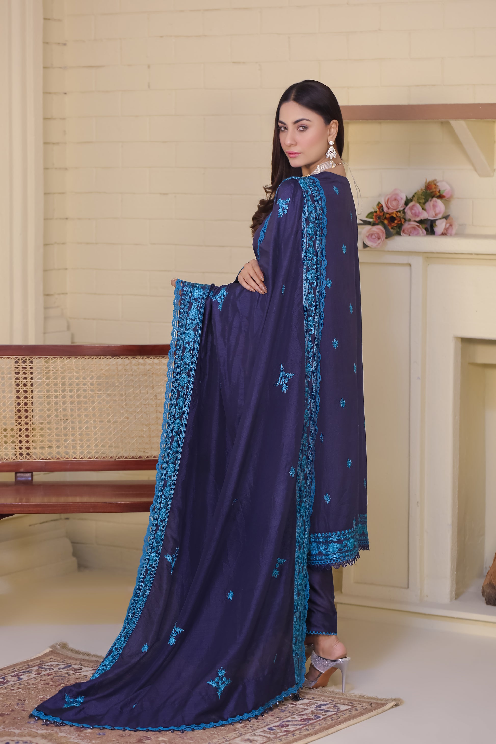 Saadia Ahmed LWSU-25FE305 Embroidered Raw Silk Outfit in Deep Blue with Intricate Design and Matching Dupatta