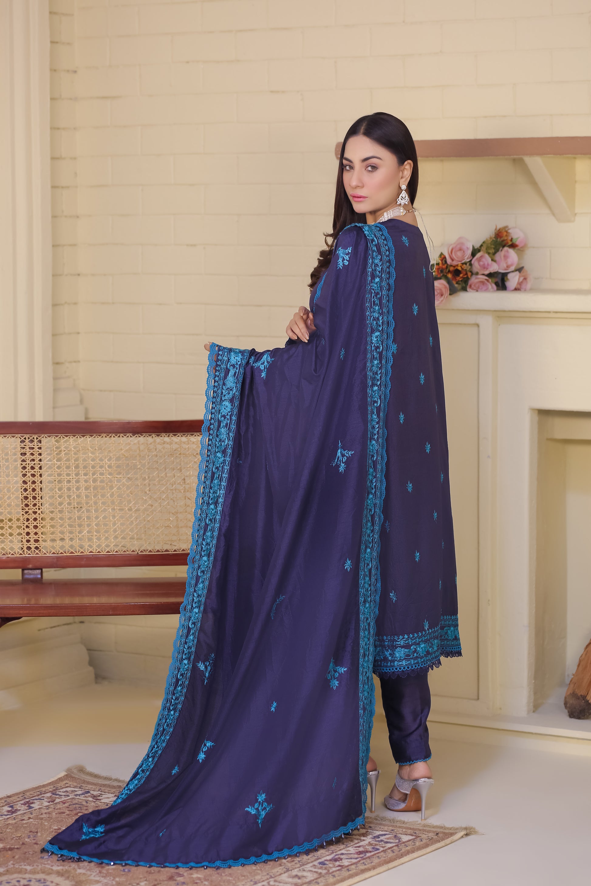 Elegant Saadia Ahmed LWSU-25FE305 Embroidered Raw Silk Outfit in Dark Blue with Intricate Detailing