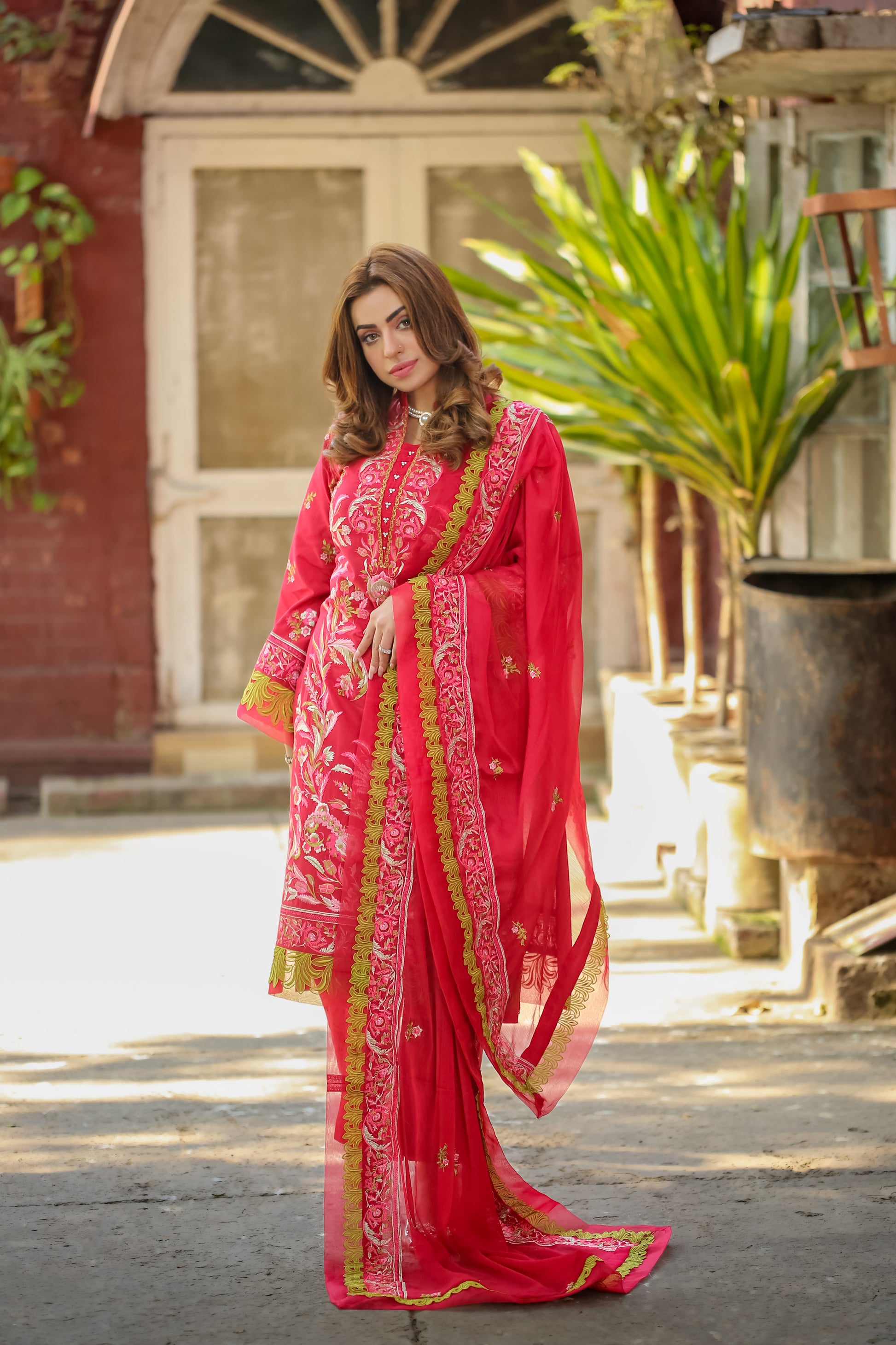 Saadia Ahmed LWSU-25FE306 Embroidered Lawn in bright red with intricate floral designs and matching dupatta