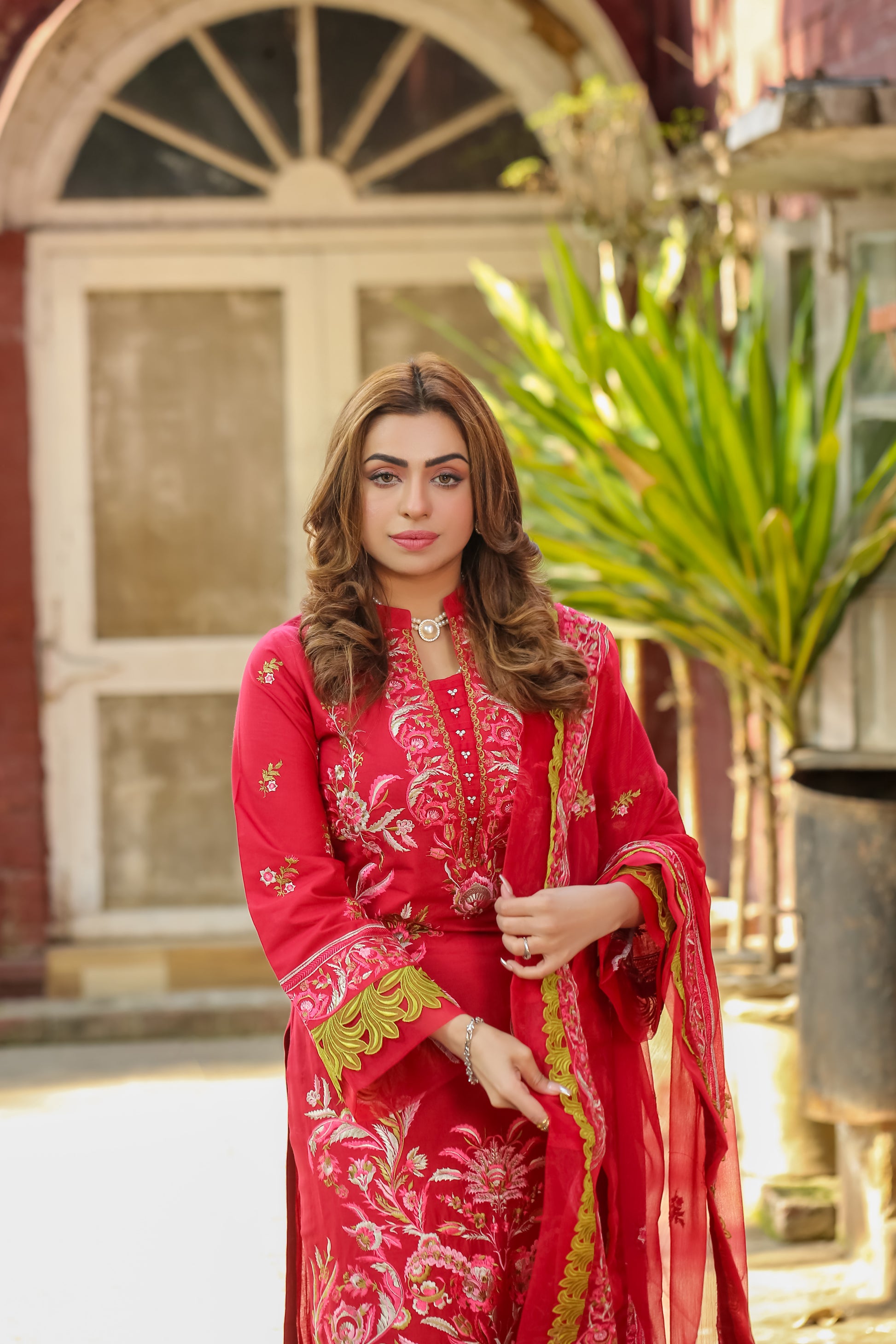 Saadia Ahmed LWSU-25FE306 Embroidered Lawn Dress in Vibrant Red with Intricate Detailing