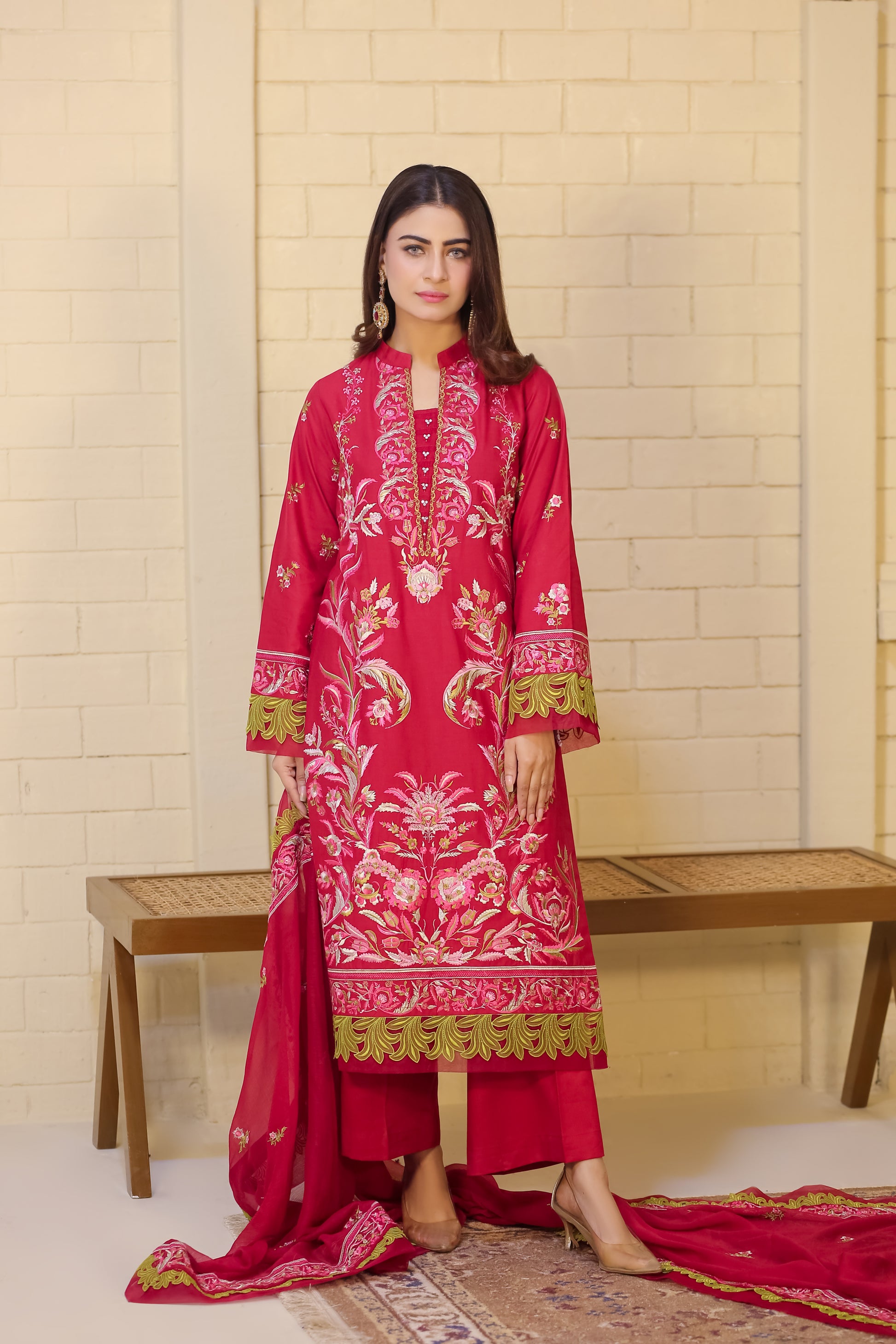 Saadia Ahmed LWSU-25FE306 Embroidered Lawn Dress in vibrant red with intricate floral patterns