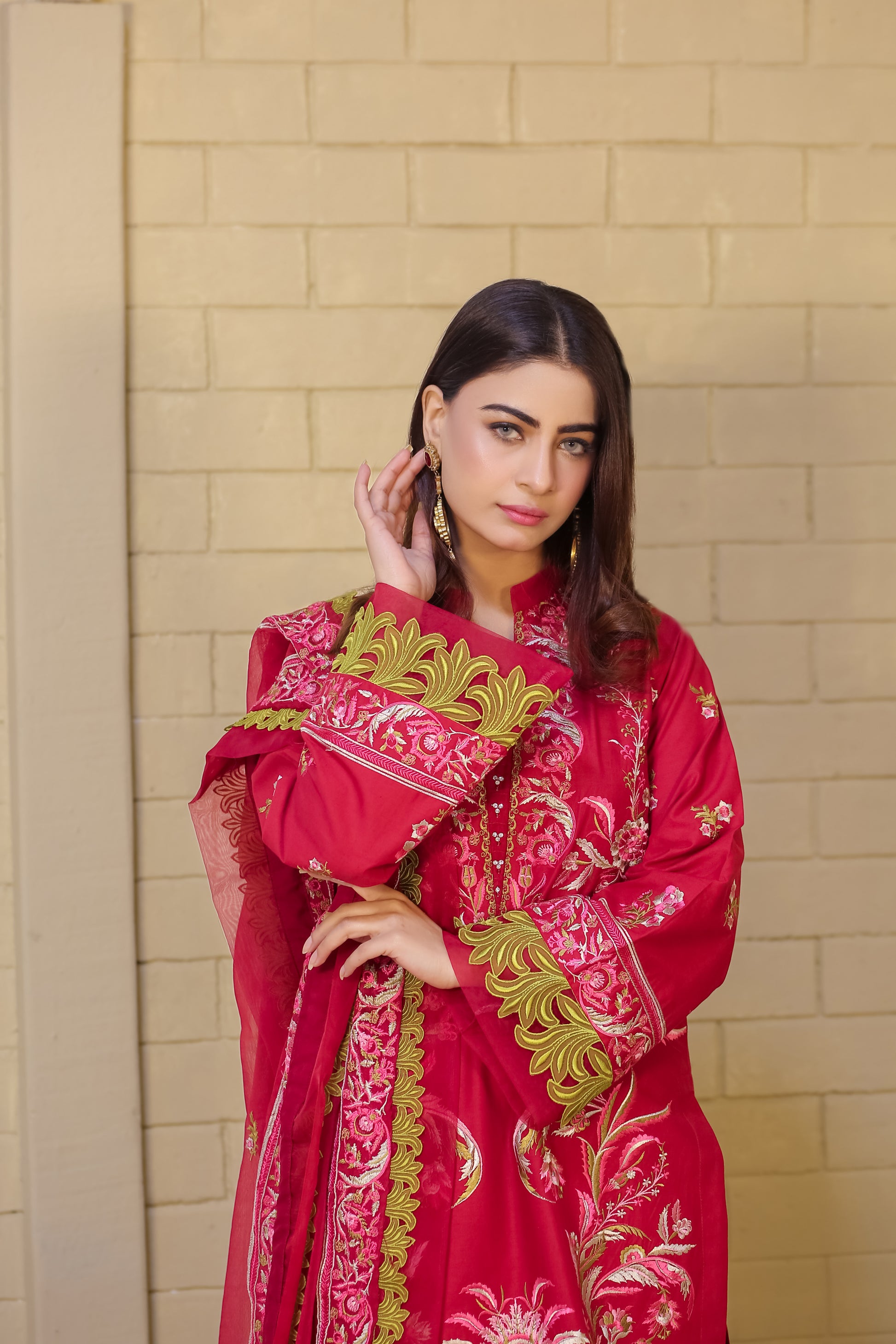 Saadia Ahmed LWSU-25FE306 Embroidered Lawn Dress in Red with Intricate Floral Designs