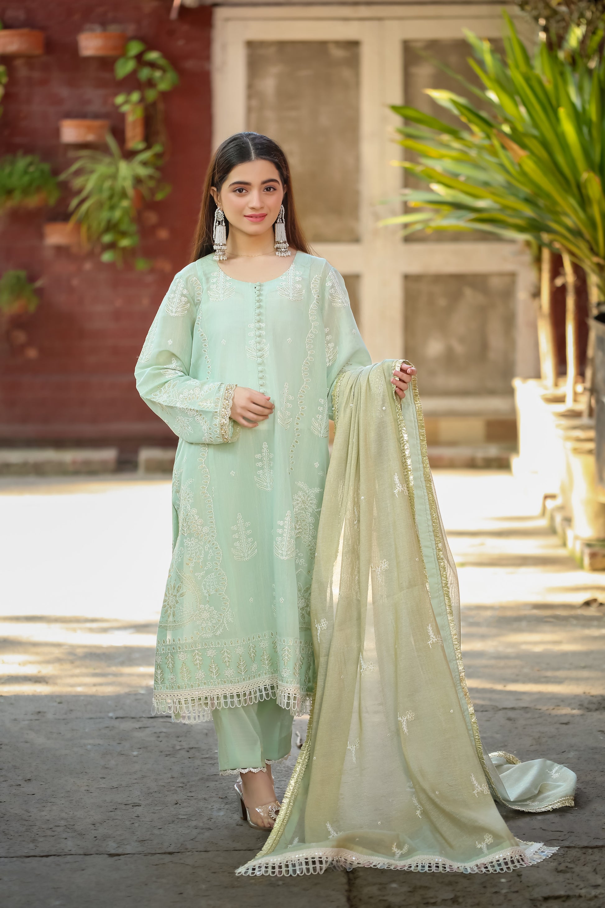 Saadia Ahmed LWSU-25FE307 Embroidered Messuri in mint green with intricate embroidery and matching dupatta