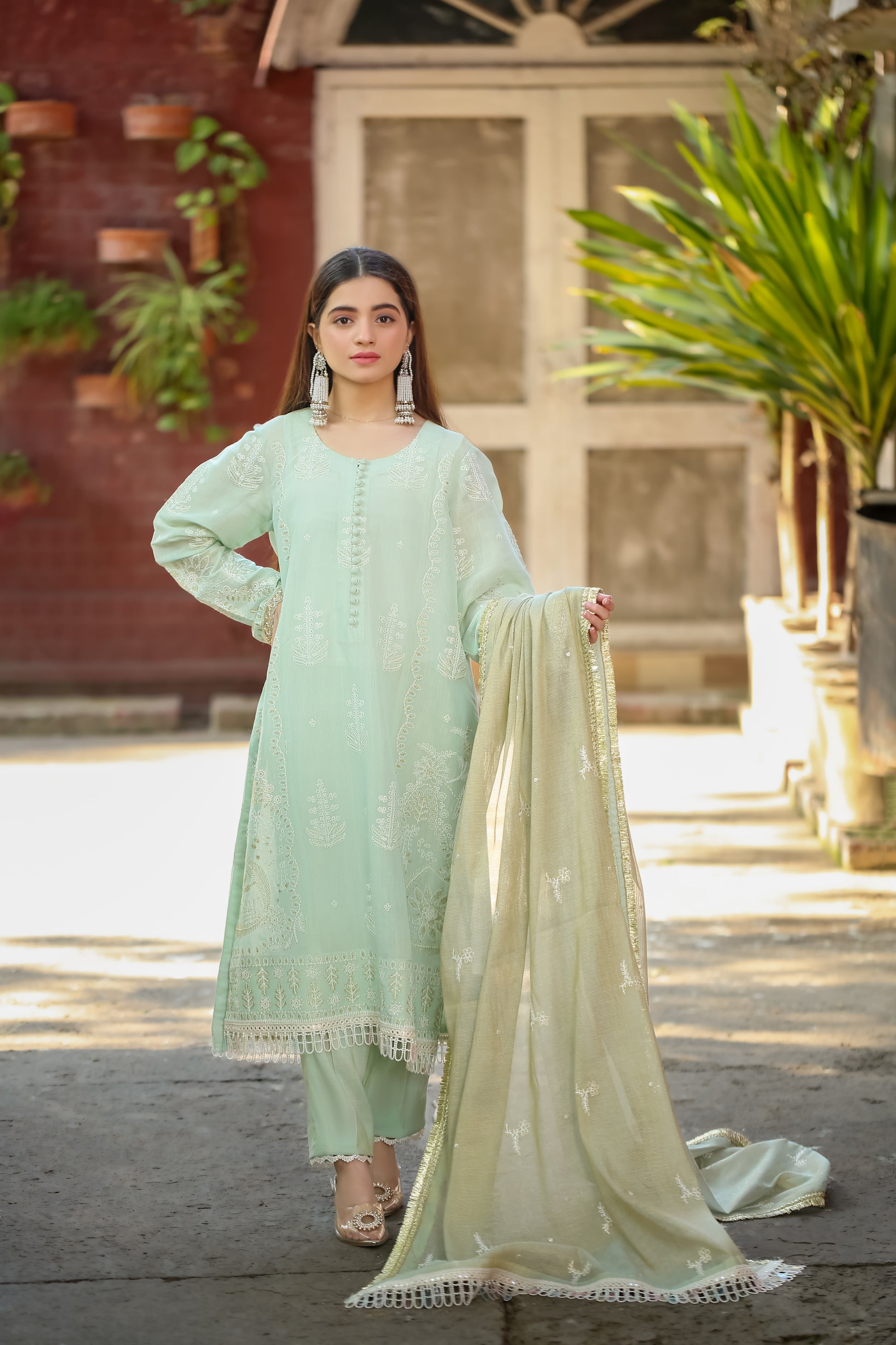 Saadia Ahmed LWSU-25FE307 Embroidered Messuri Dress in Mint Green with Elegant Details and Matching Dupatta