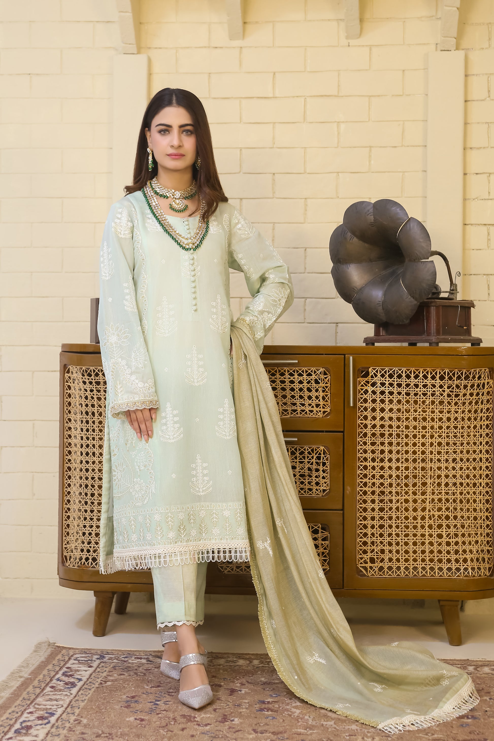 Saadia Ahmed LWSU-25FE307 Embroidered Messuri Suit in Light Green with Elegant Design and Accessories
