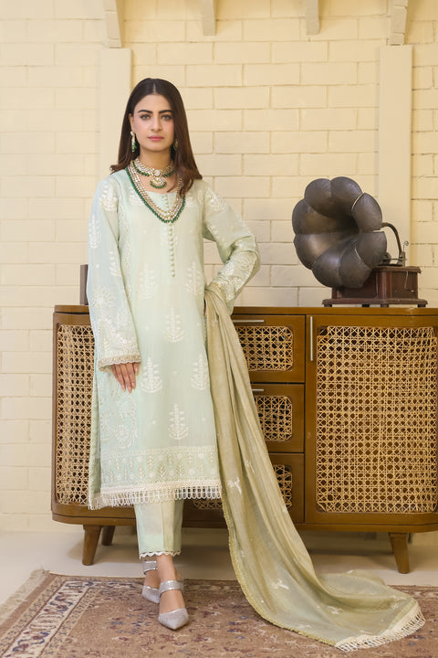 Saadia Ahmed LWSU-25FE307 Embroidered Messuri Suit in Light Green with Elegant Design and Accessories