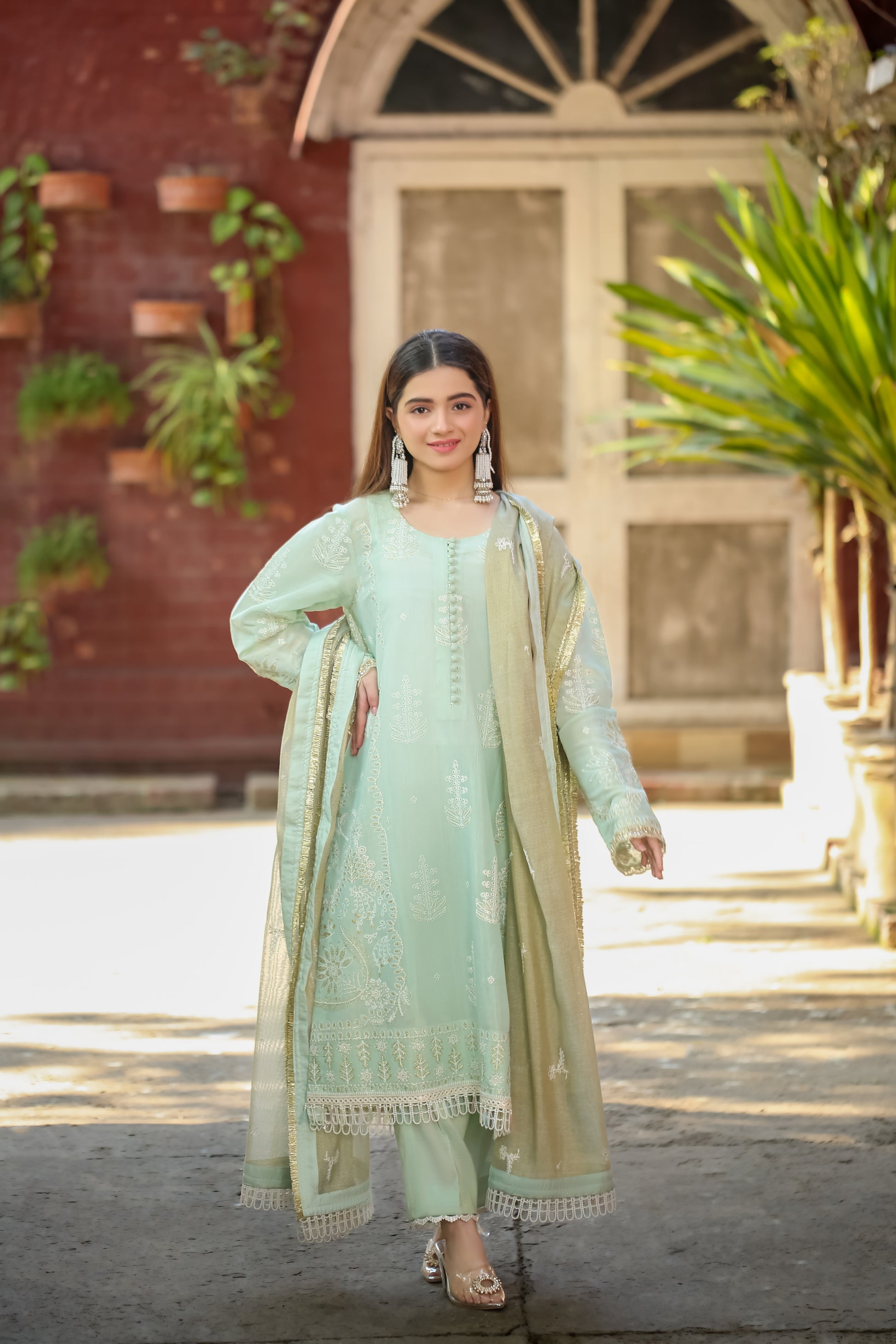 Saadia Ahmed LWSU-25FE307 Embroidered Messuri Festive Outfit in Light Green with Elegant Detailing