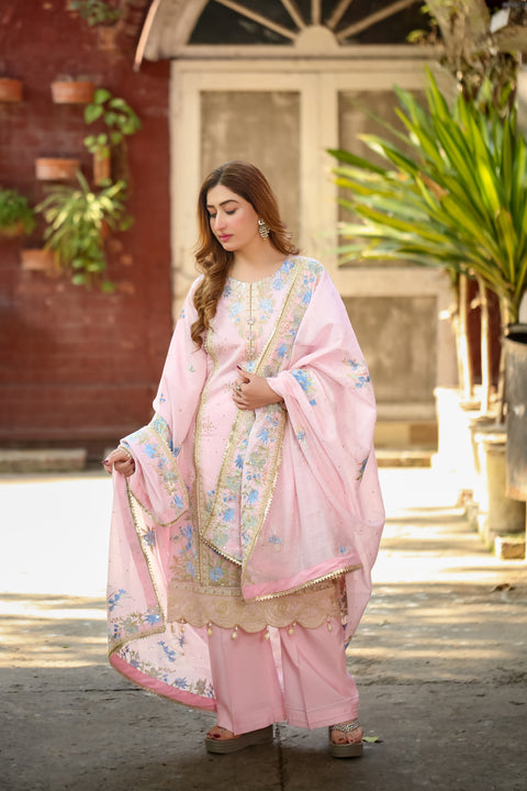 Saadia Ahmed LWSU-25FE308 Embroidered Swiss Cotton Suit in Pink with Elegant Floral Design and Chiffon Dupatta