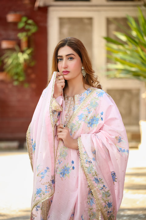 Saadia Ahmed LWSU-25FE308 Embroidered Swiss Cotton Festive Outfit in Pink with Floral Design