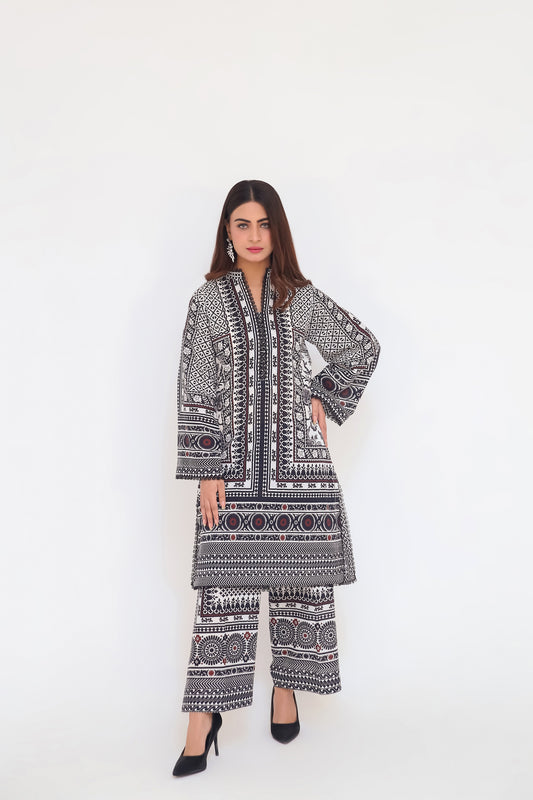 Saadia Ahmed LWSU-25P202 2-Pcs Printed Lawn Outfit with Elegant Black and White Patterns