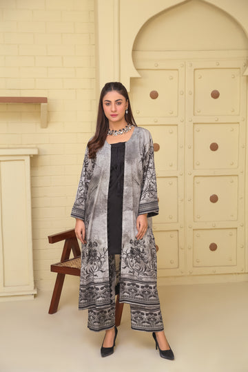 Saadia Ahmed LWSU-25P207 2-Pcs Printed Lawn outfit featuring a stylish black and grey design with elegant embroidery