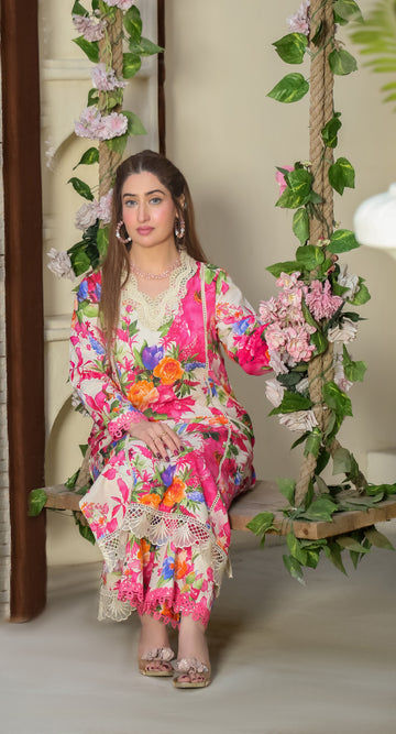 Saadia Ahmed LWSU-25P208 2-Pcs Printed Lawn Dress with Floral Design on a Model Sitting on a Swing