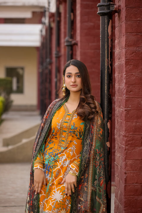 Saadia Ahmed LWSU-25P301 3-Pcs Printed Lawn Dress in Vibrant Orange with Floral Embroidery
