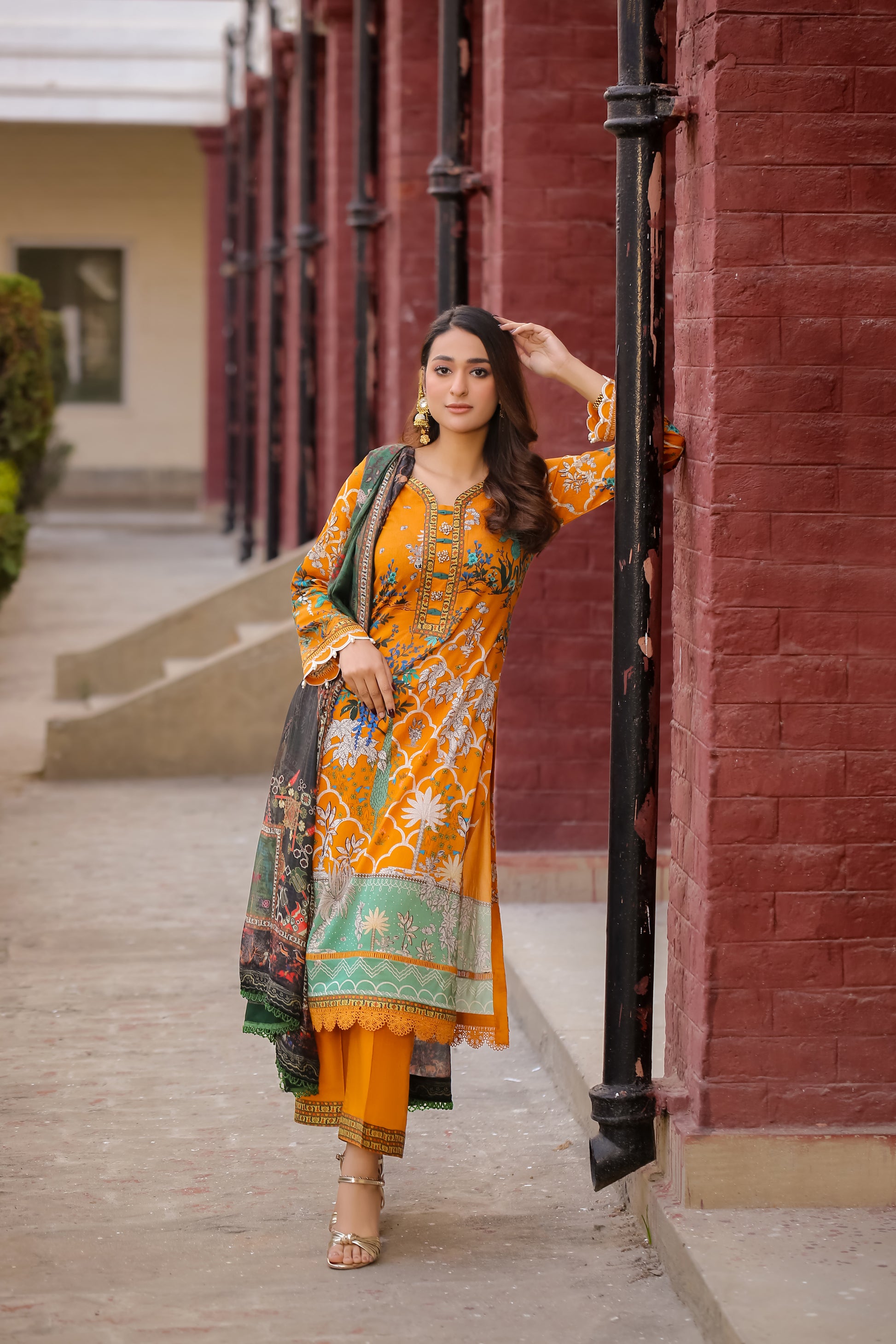Saadia Ahmed LWSU-25P301 3-Pcs Printed Lawn Outfit in Orange with Elegant Design and Matching Dupatta