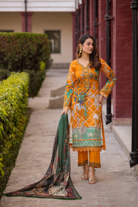 Saadia Ahmed LWSU-25P301 3-Pcs Printed Lawn in orange with intricate floral patterns and matching dupatta