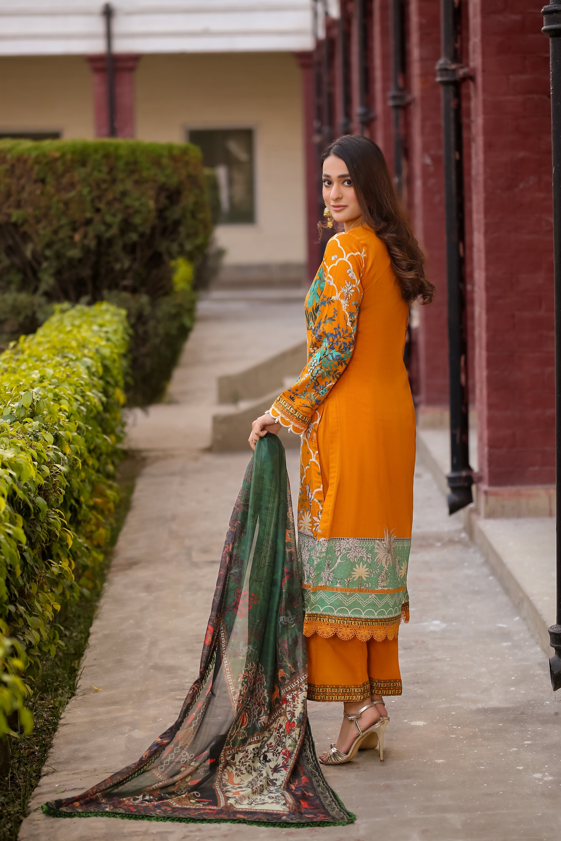 Saadia Ahmed LWSU-25P301 3-Pcs Printed Lawn Outfit in Orange with Green and Floral Accents