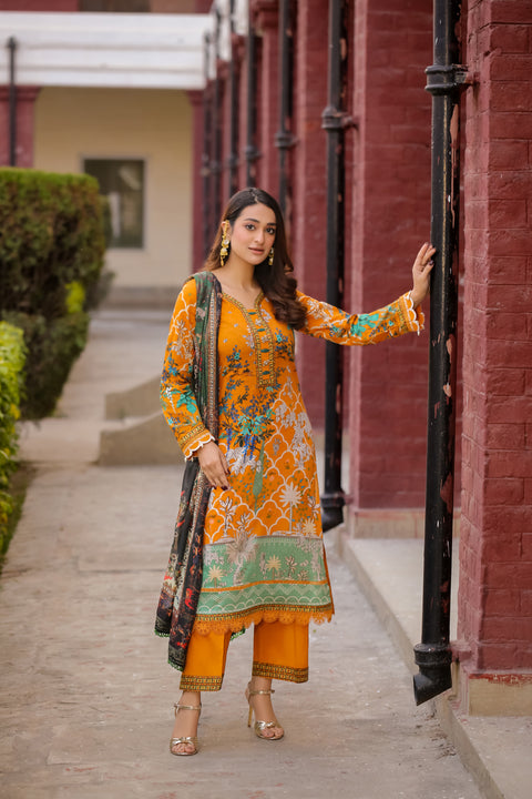 Saadia Ahmed LWSU-25P301 3-Pcs Printed Lawn Dress in Orange with Floral Design for Casual Wear