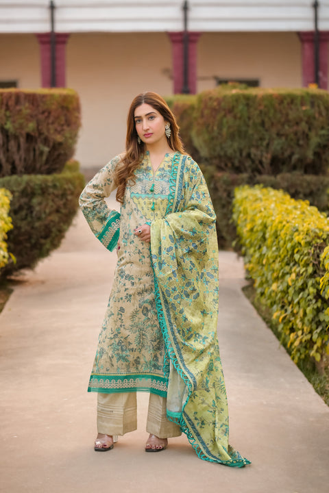 Saadia Ahmed LWSU-25P306 3-Pcs Printed Lawn in beige and green, featuring intricate floral patterns and matching dupatta