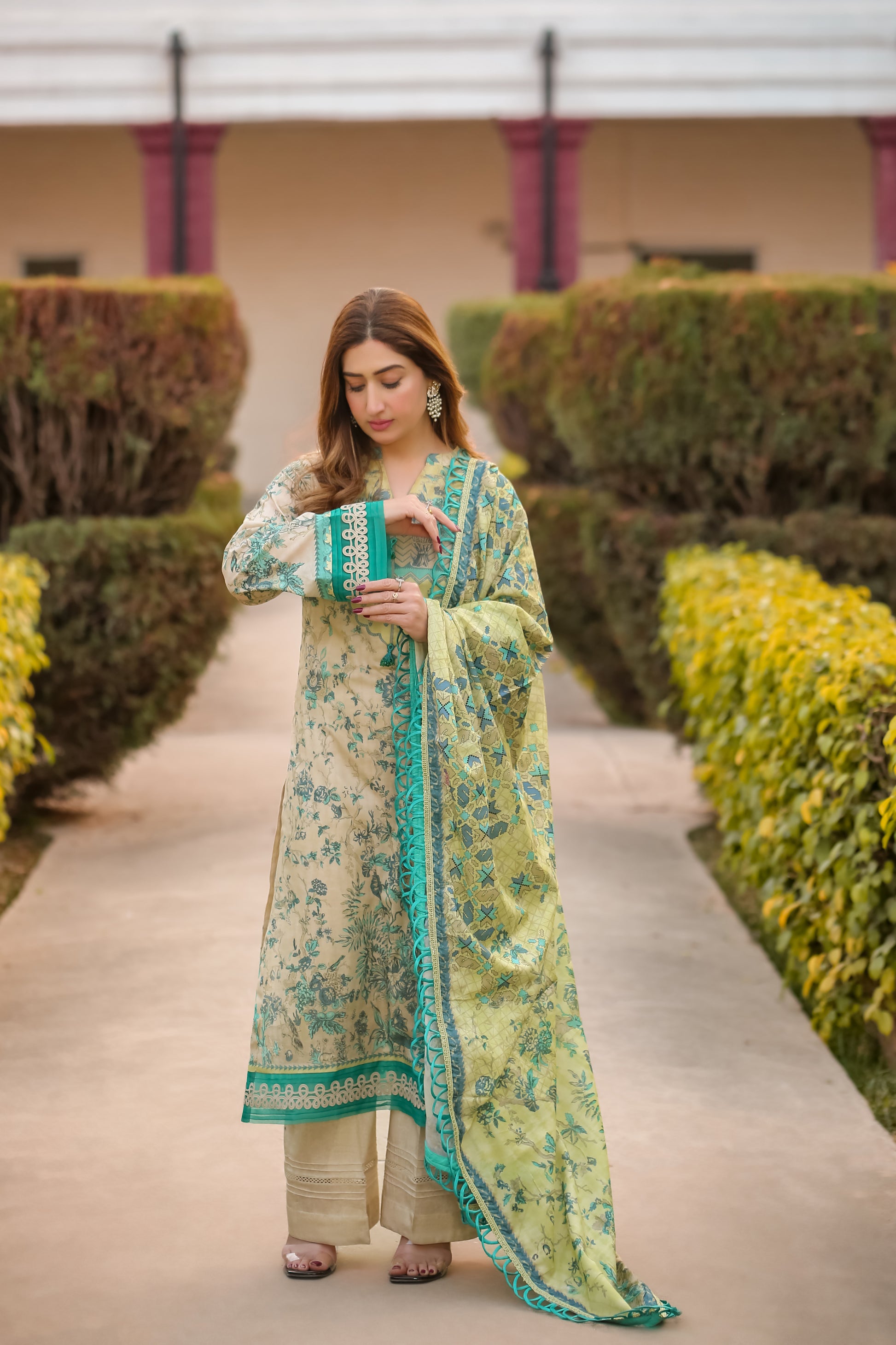 Saadia Ahmed LWSU-25P306 3-Pcs Printed Lawn Suit in Elegant Design with Green and Beige Colors