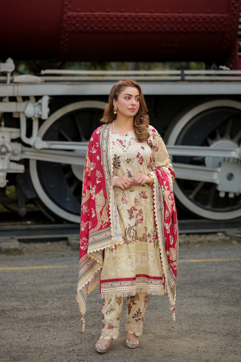 Saadia Ahmed LWSU-25P312 3-Pcs Printed Lawn Outfit with Red Embroidered Shawl and Elegant Design