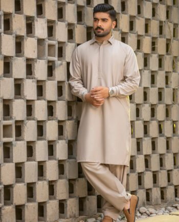 Khaki Kameez Shalwar Light Embroidered